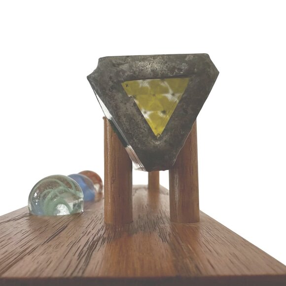 Vintage Stained Glass Kaleidoscope Toy Art Glass Marbles on Oak Wood Stand 9x4 - Picture 4 of 11
